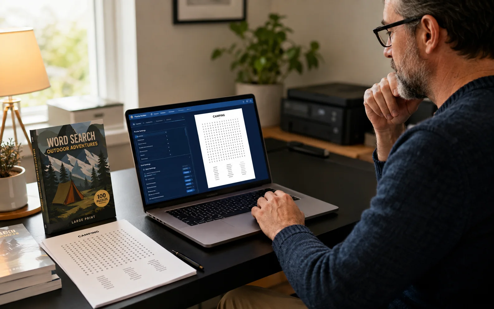An independent publisher reviewing a puzzle-book interior in Puzlith Studio